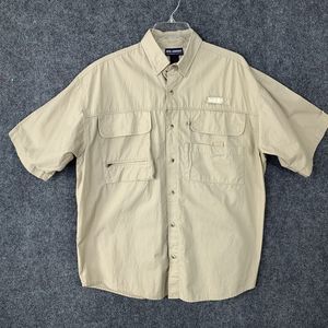 Reel Legions Performance Vented Fishing Shirt Men M Tan Pockets Short Sleeves